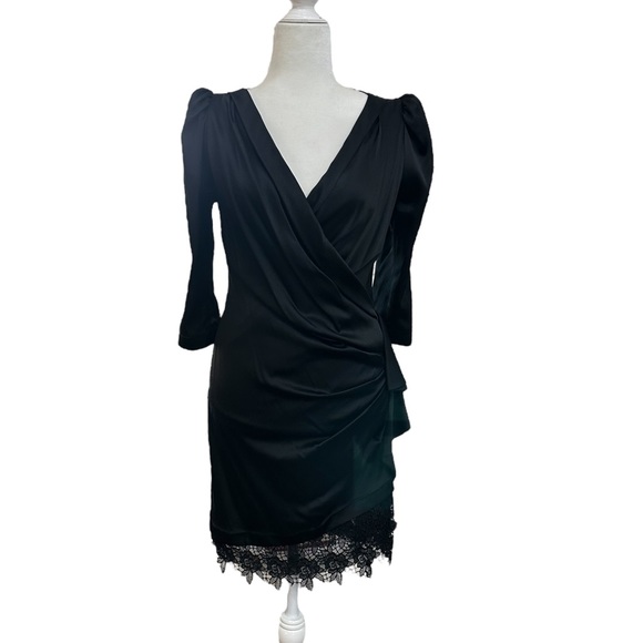 Yoana Baraschi Black Faux Wrap Silk Blend Dress with Lace - Picture 4 of 9